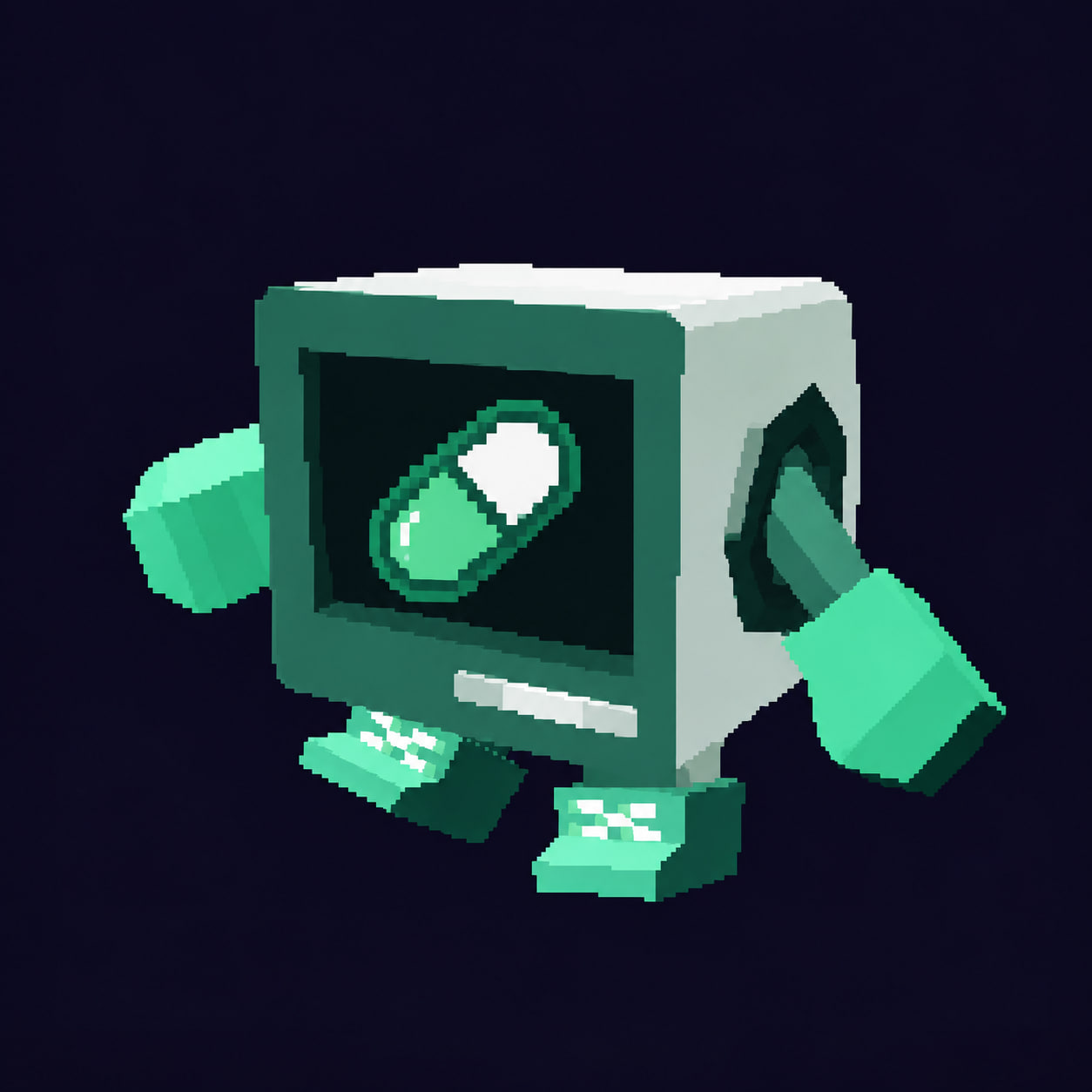 A green pixel-art capsule machine creature with arms and shoes